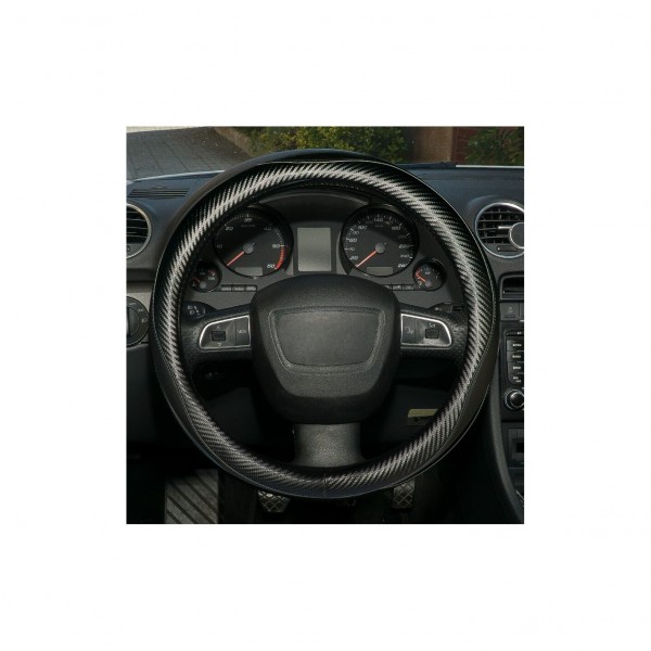 Funda de Volante Transpirable efecto Piel en Color Negro y Fibra de Carbono, Universal para Volnates 37-39cm diametro